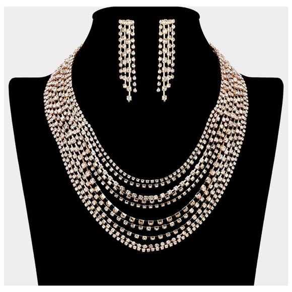 Pierced gold and clear stone multi layered necklace and earring set - Picture 3 of 4